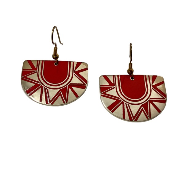 Laurel Burch Gold Tone Red Enamel Aztec Style Dangle Earrings Vintage EUC - Picture 2 of 6